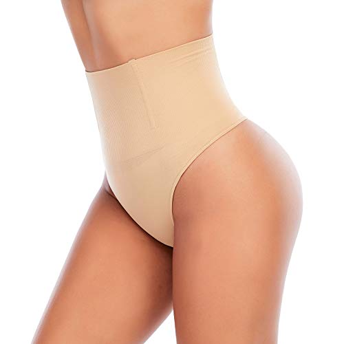 Werena Tummy Control Thong Shapewear for Women Seamless Shaping Thong Panties Body Shaper Underwear(Beige-mid Waisted(has Boning),Medium)