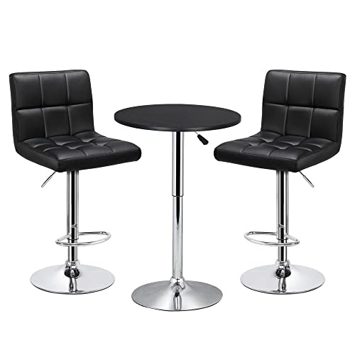 Yaheetech 3-Piece Bar Table Set, Round Bar Table and PU Leather Adjustable Swivel Armless Chairs, Modern Counter Height Table Set with 2 Bar Stool for Kitchen, Black