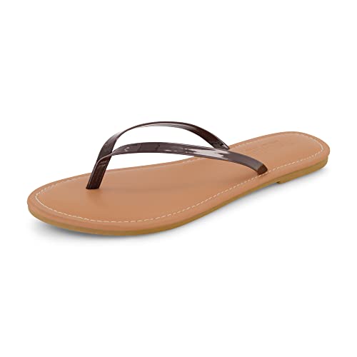 CUSHIONAIRE Women's Cora Flat Flip Flop Sandal with +Comfort and Wide Widths Available, Brown Patent 9.5