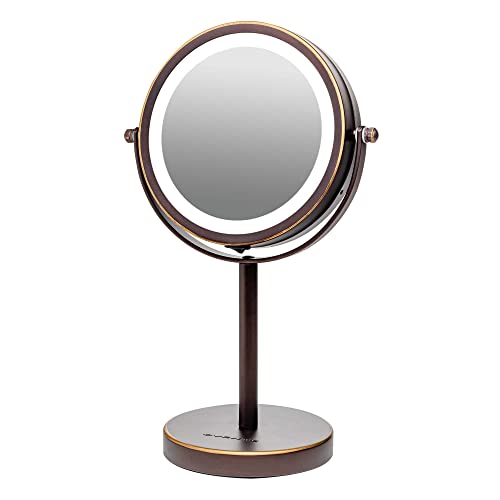 Ovente Lighted Vanity Mirror 6 Inch Table Top 1X 7X Magnification LED 360 Adjustable Double Sided Spinning Personal Makeup Stand Desk Bathroom Battery Powered Circle Large Antique Bronze MLT60ABZ1X7X