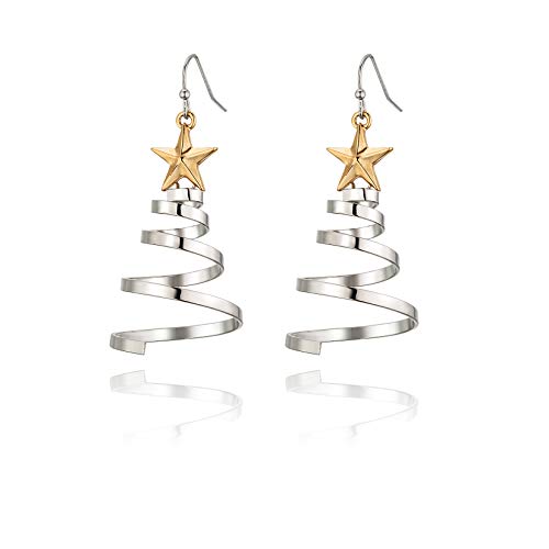 Handmade Christmas Tree Dangle Hoop Earrings Golden Silver Two Tone Women Girls Holiday Gift, Thanksgiving Themed Earrings, Christmas Party Gift