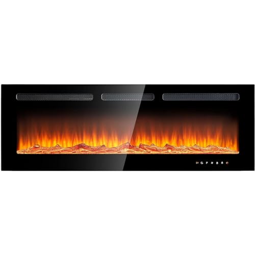 oneinmil Electric Fireplace, 50 inch Wide Recessed/Wall Mounted Electric Fireplace, Remote Control with Timer 12 Adjustable Color Flame, Remote Control,with Crystal Stone, 750/1500W