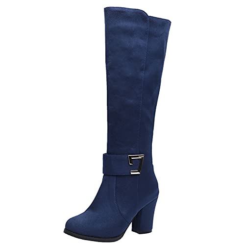 LaShoes Women's Knee High Boots with Zipper and Chunky Heel, Blue, 9