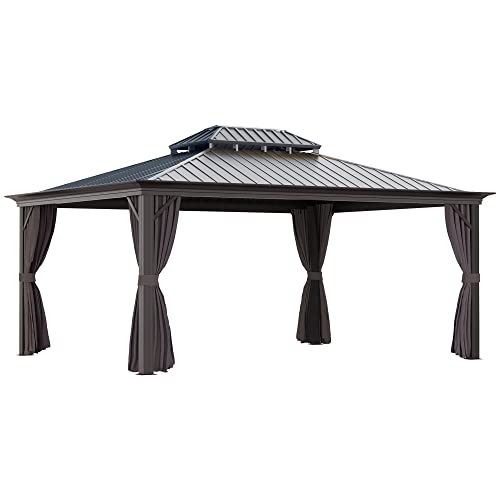 Outsunny 12' x 16' Hardtop Gazebo with Curtains and Netting, Permanent Pavilion Metal Double Roof Gazebo Canopy with Aluminum Frame and Hooks, for Garden, Patio, Backyard, Brown