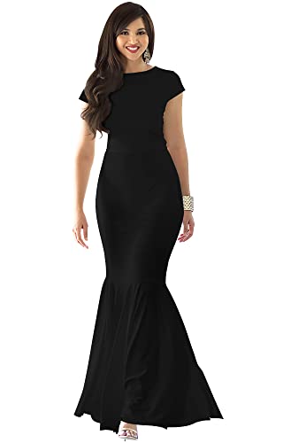 KOH KOH Womens Long Cap Short Sleeve Formal Sexy Evening Prom Cocktail Bridesmaids Wedding Party Guest Tube Flowy Cute Fishtail Gown Gowns Maxi Dress Dresses, Black L 12-14