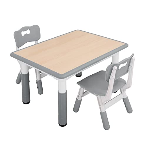 UNICOO - Kids Study Table and Chairs Set, Height Adjustable Plastic Children Art Desk with 2 Seats, Kids Multi Activity Table Set (Maple Top and Gray Border) BY-60-MGY