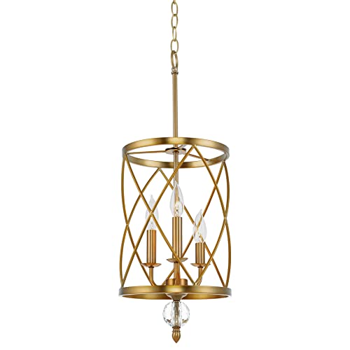 Kira Home Eleanor 26.5' Traditional 3-Light Chandelier, Cylinder Foyer Pendant Light, Adjustable Height, Warm Brass Finish
