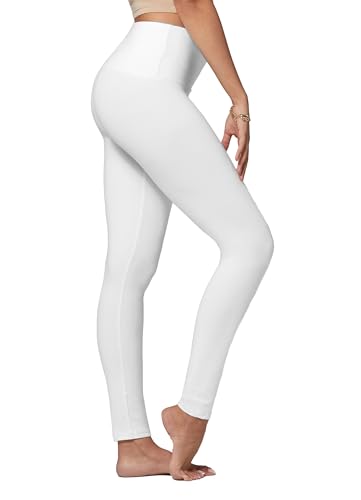 White Premium Ultra Soft High Waisted Leggings for Women - 5' Wide Band - Workout Leggings for Women Tummy Control - Large - X-Large - SL5-Full-White-LX