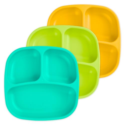 Re-Play Made in USA 7' Deep Walled Divided Plates for Kids, Set of 3 - Reusable 3 Compartment Plates, Dishwasher and Microwave Safe - 7.37' x 7.37' x 1.25', Aqua Asst