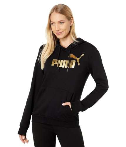 PUMA Women's Essentials+ Metallic Logo Fleece Hoodie, Black-Gold Foil, Large