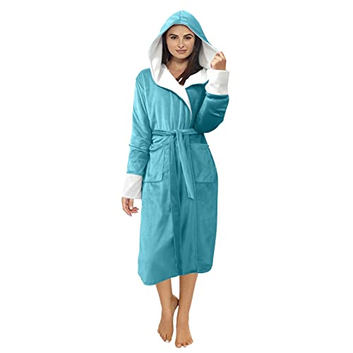 wjiNFDFG Sweatshirts Women Extra Small Lengthened Shawl Bathrobe Home Clothes Long Sleeved Robe Warm Solid Womens (Sky Blue, S)