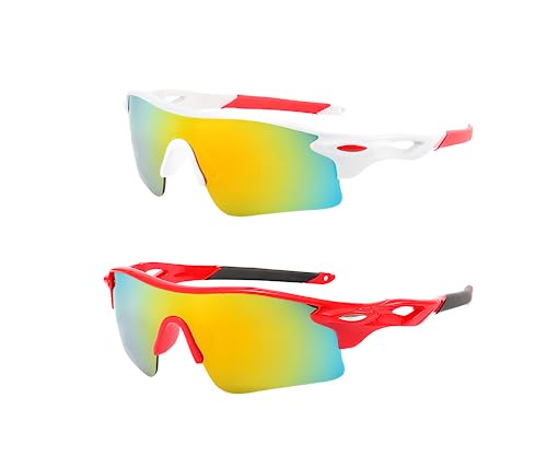 Swanoble UV400 2 Sports Sunglasses for Kids Cycling,Light frame Sunglasses for Boys Girls,Youth Softball Baseball Golf (White red+ Red)