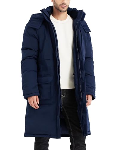 Rejork Men's Extra Long Parka Winter Coats Hooded Puffer Jacket Heavy Warm Water-resistant Outerwear Cold Weather Navy 2XL