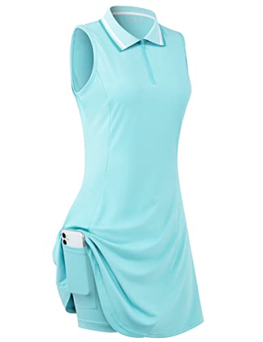 FREEYE Athletic Dress with Built in Shorts & Pockets, Tennis Golf Polo Shirts Dress Sleeveless Zippered V-Neck Workout Sport Casual Tank Top Running Jersey Tee T-Shirts Lightweight Quick Dry Blue