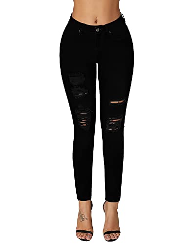 roswear Women's Essentials Ripped Mid Rise Destroyed Skinny Jeans Black L