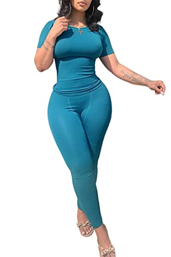 LICOBOD XS-3XL Ribbed Casual Workout Two Piece Outfits for Women Short Sleeve T-shirt+Elastic High Waist Leggings sets