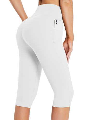 BALEAF Women's High Waisted Capris Casual Summer Knee Length Leggings Petite Yoga Casual Workout Exercise Capris with Pockets White L
