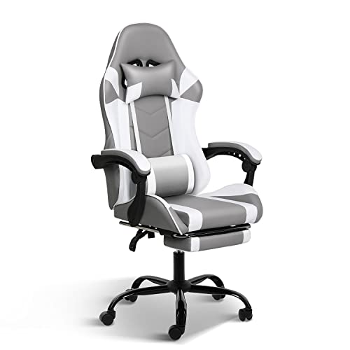 White Gaming Chair with Footrest, Big and Tall Gamer Chair, Racing Style Adjustable Swivel Office Chair, Ergonomic Video Game Chairs with Headrest and Lumbar Support