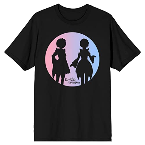 Re Zero Rem and Ram Silhouettes in Pink and Blue Circle Men’s Black T-Shirt-XXL