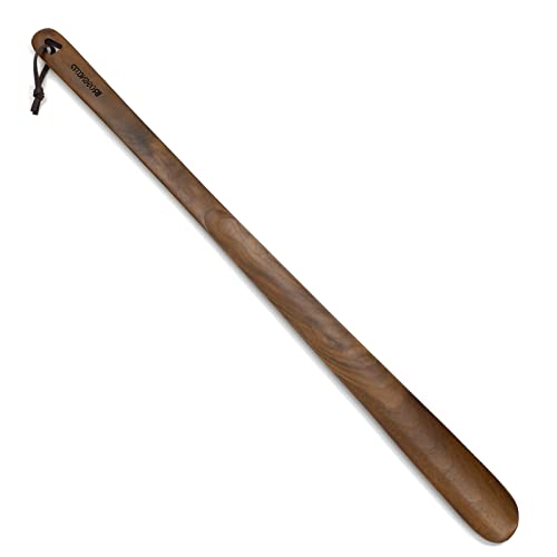 Brosisincorp Wooden Shoe Horn Long Handle For Seniors 23.6' Easy Wear Helper Shoehorns Women Kids Baby Elderly Hanging Rings Black Walnut Wood