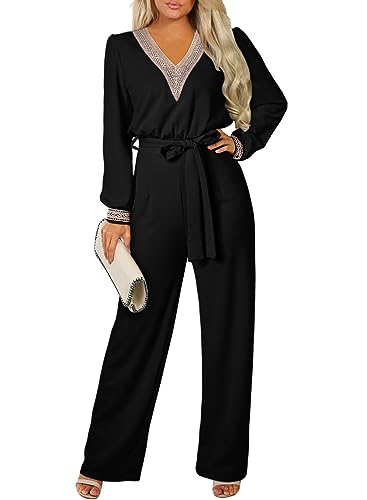 Happy Sailed Womens Jumpsuits Formal Dressy Lace V Neck Wide Leg Pants Belted Rompers Overall Fall Fashion Long Sleeve One Piece Jumpsuit Black Large