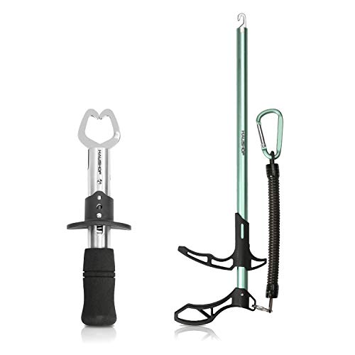 HAUSHOF Fish Hook Remover and Fish Lip Gripper, Aluminum-Alloy Squeeze-Out Fish Hook Tool and Stainless Steel Fish Holder, 2-Piece Fishing Tool Kit with Coiled Lanyard and EVA Foam Handle