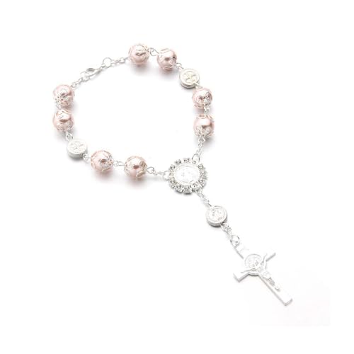 Ohleats Car Rosary for Rearview Mirror, Personalized Rear View Cross Blessing Beads Decor, Auto Rearview Catholic Rosary Hanging Pendant, Interior Men Women Car Accessories (Pink)