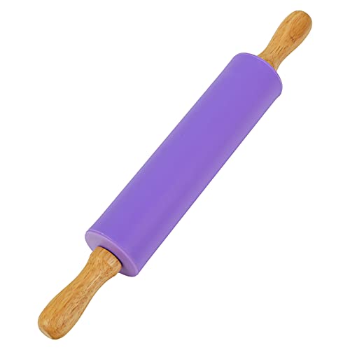 Koogel 12 Inch Silicone Purple Rolling Pin Handle Rolling Pin Non-Stick Silicone Rolling for Kids Kitchen Activity
