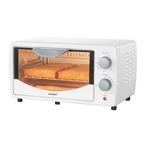 COMFEE' Toaster Oven Countertop, Small Toaster Ovens Combo 4 slice, Mini Oven for 9' Pizza, Compact Oven 2 Racks for Toast, Bake, Broil, 950W, White, CTO-E101A(WH)