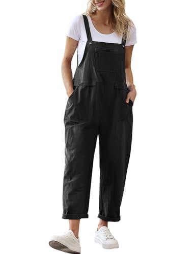 YESNO Women Long Casual Loose Bib Pants Overalls Baggy Rompers Jumpsuits with Pockets (L PV9 Black)