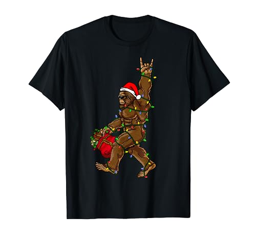 Santa Bigfoot Christmas Lights Rock Funny Sasquatch Believe T-Shirt