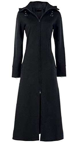 Wome's Black Fleece Long Zip Up Hooded Raven Steampunk Coat (Large, Black)