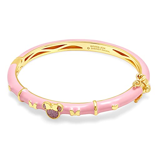 Disney Jewelry for Girls Pink Minnie Mouse Bangle Bracelet, Yellow Gold Plated, Glitter Accent, 6.5'