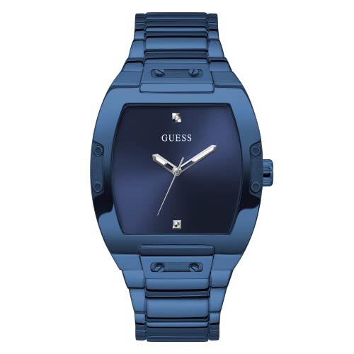GUESS Men's Trend Casual Tonneau Diamond 43mm Watch – Blue Dial Stainless Steel Case & Bracelet