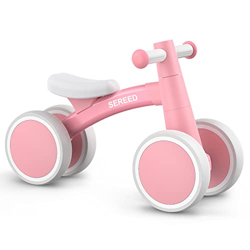 SEREED Baby Balance Bike for 1 Year Old Boys Girls 12-24 Month Toddler Bike, 4 Wheels First Birthday Gifts (Pink New)