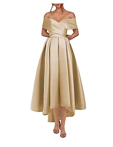 BessDress High Low Bridesmaid Dress with Pockets Cocktail Dresses Women Wedding Guest Off Shoulder Formal Evening Gown Champagne Size 14