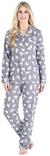 PajamaMania Women's Cotton Flannel Long Sleeve Button-Down Pajamas PJ Set, Grey Cats, Large