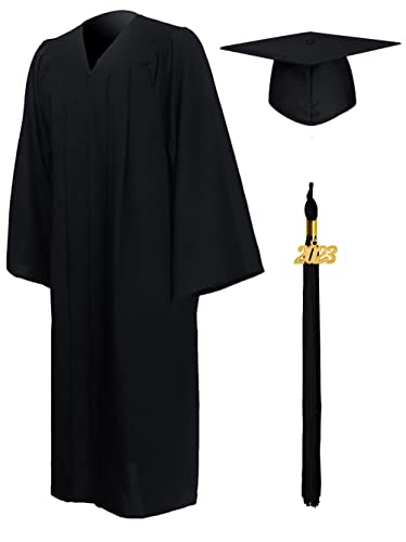 GraduationMall Matte Graduation Gown Cap Tassel Set 2023 for High School and Bachelor Black 51 Plus(5'6'-5'8')