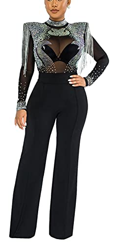 Molilove Women's Sexy Jumpsuit Elegant Long Sleeve Bodycon Sheer Mesh See Through Rhinestone Casual Loose Jumpsuits