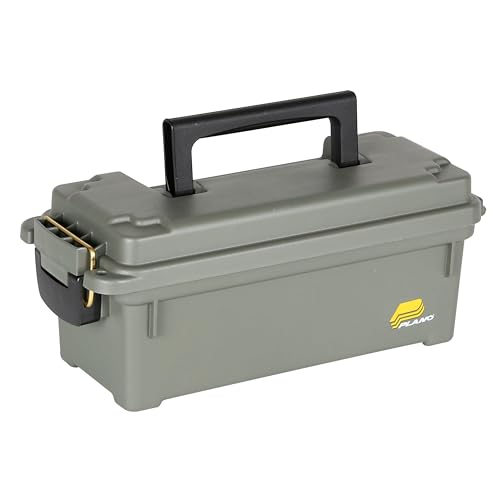 Plano Shot Shell Box, OD Green, Lockable Ammunition Storage Box with Heavy-Duty Carry Handle, Small Plastic Ammo Storage, Water-Resistant Protection, Holds 4 Boxes of Ammo
