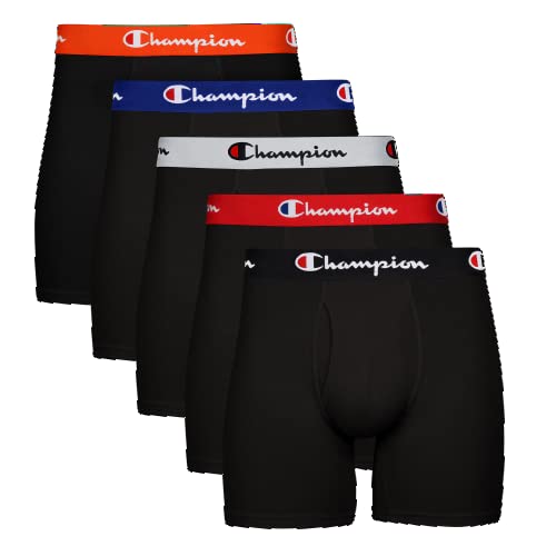 Champion Men's Boxer Briefs, Every Day Comfort Stretch Cotton Moisture-Wicking Underwear, Multi-Pack, Black-5 Pack, Large