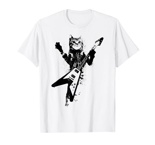 Cat Playing Flying V Guitar Musician Cat Lover T-Shirt