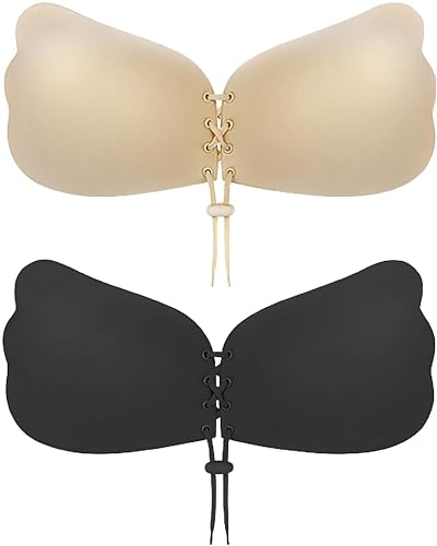 Strapless Bra Sticky Bra 2 Pairs Backless, Adhesive, Invisible, Push up bra for women Stick on Bra, Black and Nude, B cup