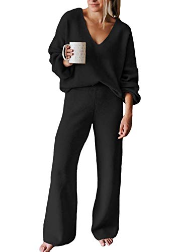 Viottiset Women's 2 Piece Outfits Casual V Neck Knit Wide Leg Sweater Lounge Set Sweatsuit Black Medium