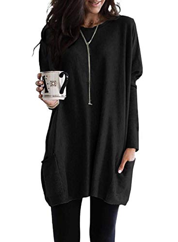 Dokotoo Womens Comfy Casual Winter Long Sleeve T Shirt Tunics Tops Blouse Fashion Oversized Shirts Tunic with Pockets Tops for Leggings Summer Autumn Spring (US 16-18) XL,Black