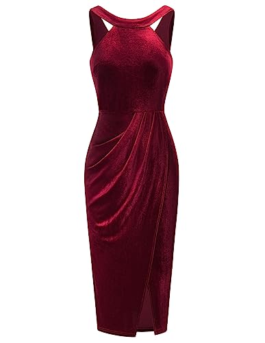 GRACE KARIN Women's Halter Neck Ruched Bodycon Dresses Sexy Sleeveless Slit Cocktail Midi Sheath Party Dressess,Wine,XL