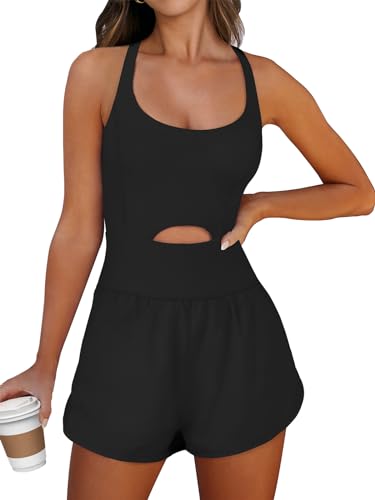 Caracilia Womens Workout Romper Running Short Athletic One Piece Jumpsuits Casual Summer Sets Outfits Exercise Gym Clothes Black M