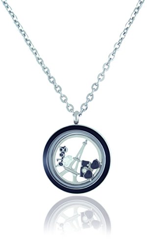 BG247 Stainless Steel Floating Adjustable Locket Necklace with Choice of 6 Charms and Matching Chain (Twist Black Circle)