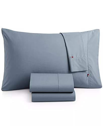 Tommy Hilfiger Signature Solid Sheeting 200 TC Set of 4 Sheet Set - 1 Flat Sheet, 1 Fitted Sheet & 2 Pillowcases, King Size, 100% Cotton (Folkstone Gray)