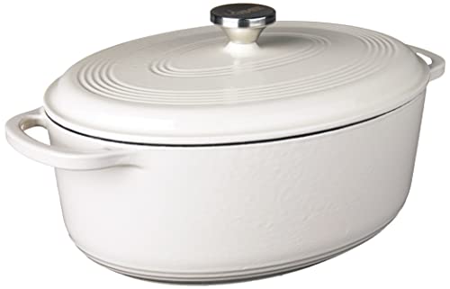 Lodge 7 Quart Enameled Cast Iron Oval Dutch Oven with Lid – Dual Handles – Oven Safe up to 500° F or on Stovetop - Use to Marinate, Cook, Bake, Refrigerate and Serve – Oyster White